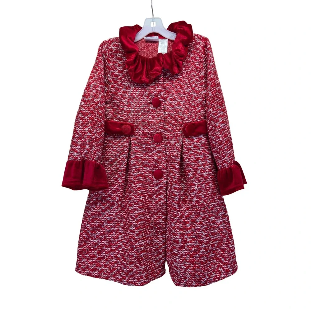 Blueberry Blvd Girls Red Tweed Velvet Trim Ruffle Collar Coat Size 6 6X Kidcore